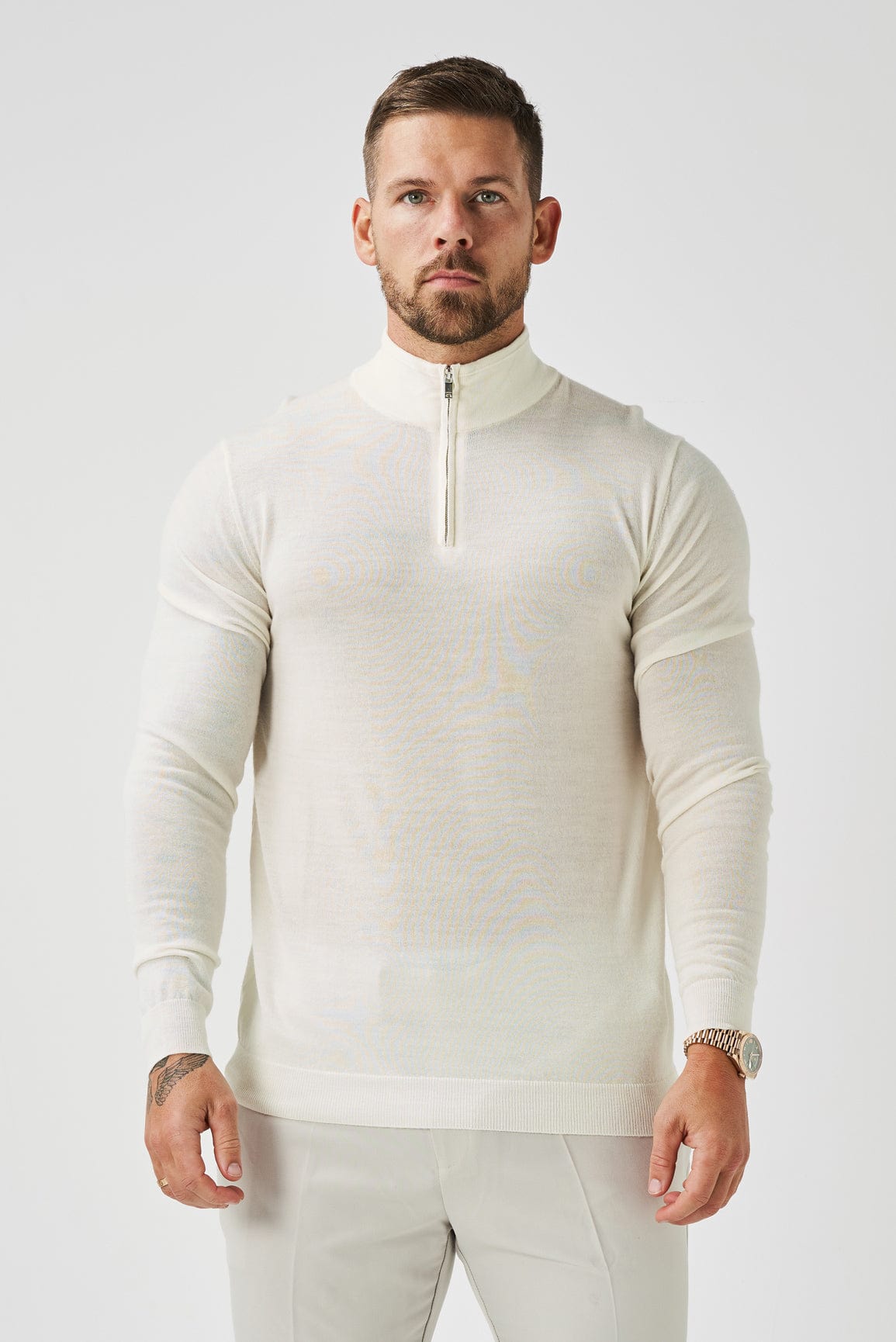 SUÉTER DE TRICÔ COM ZÍPER DE UM QUARTO - OFF WHITE