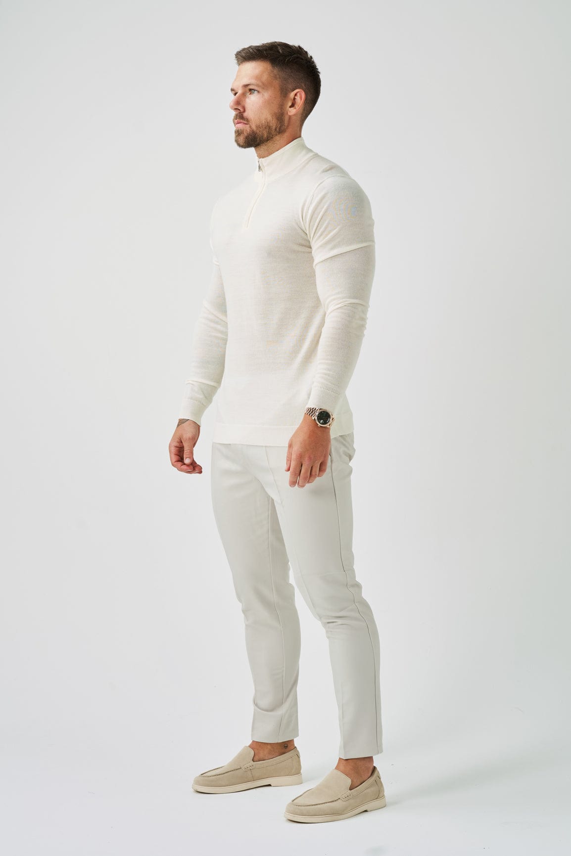 SUÉTER DE TRICÔ COM ZÍPER DE UM QUARTO - OFF WHITE