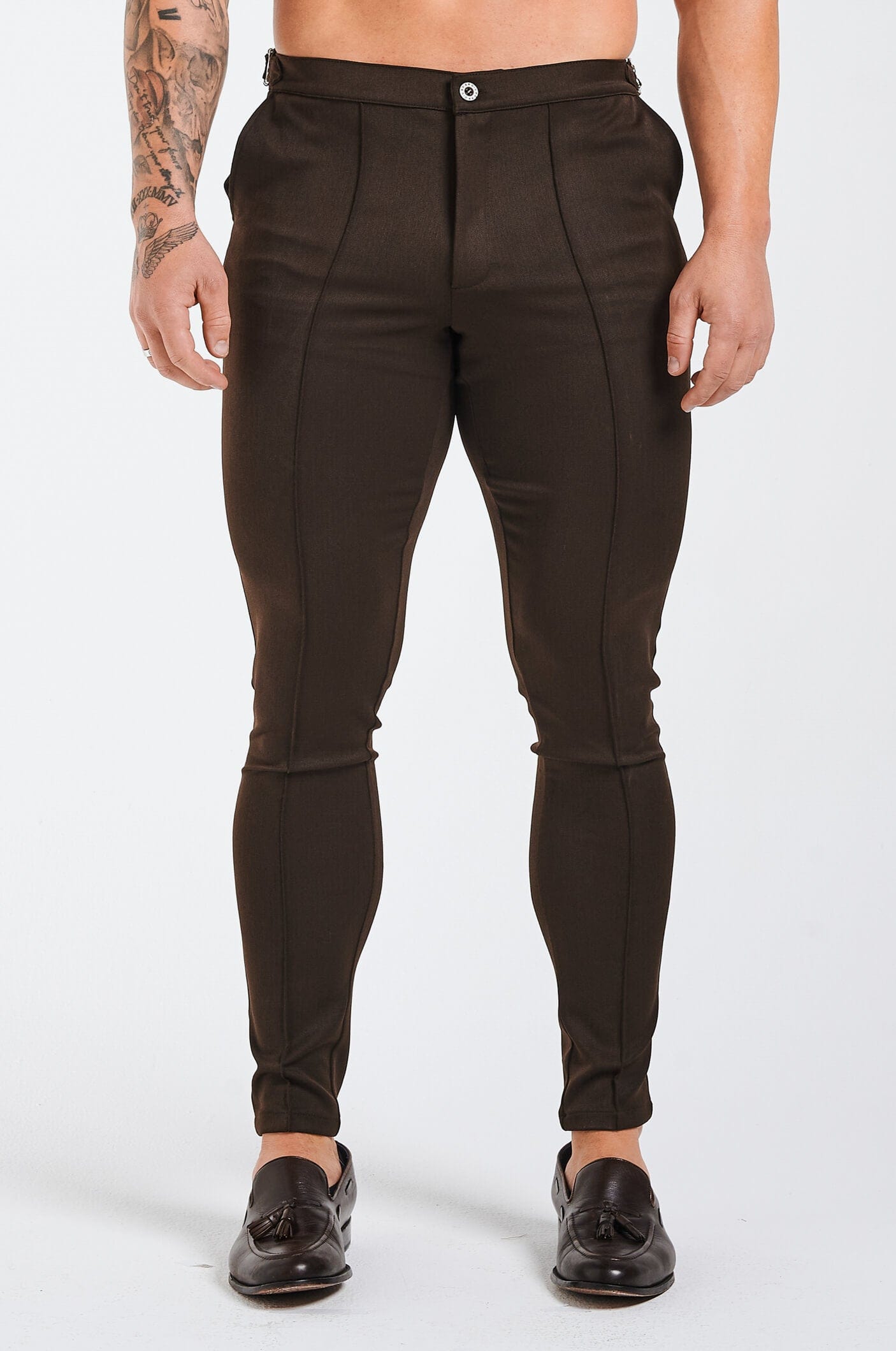 Calça Alfaiataria Masculina Lisa c/ Ajuste Lateral Marrom Elite