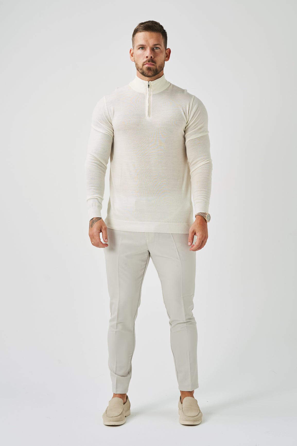 SUÉTER DE TRICÔ COM ZÍPER DE UM QUARTO - OFF WHITE
