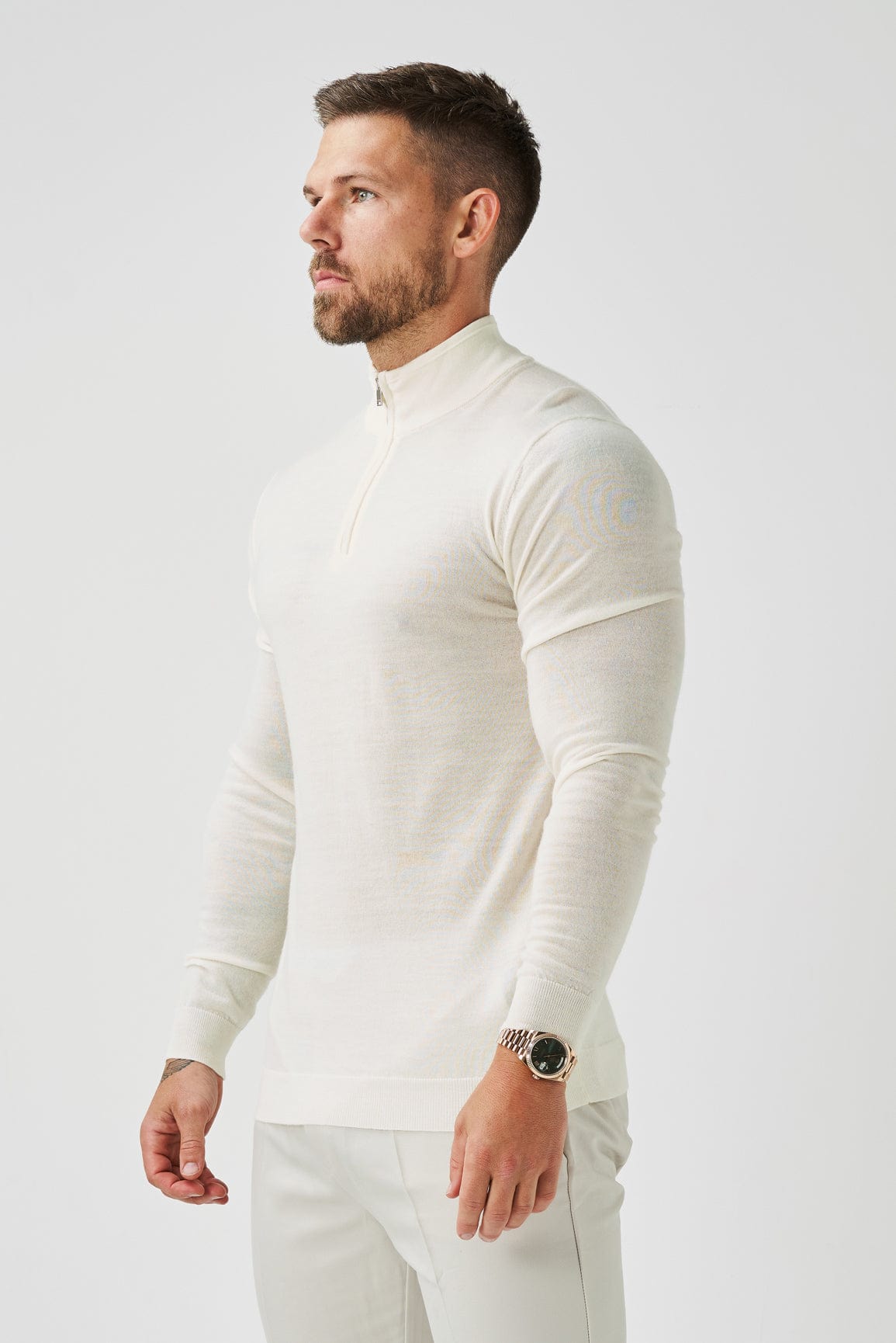 SUÉTER DE TRICÔ COM ZÍPER DE UM QUARTO - OFF WHITE